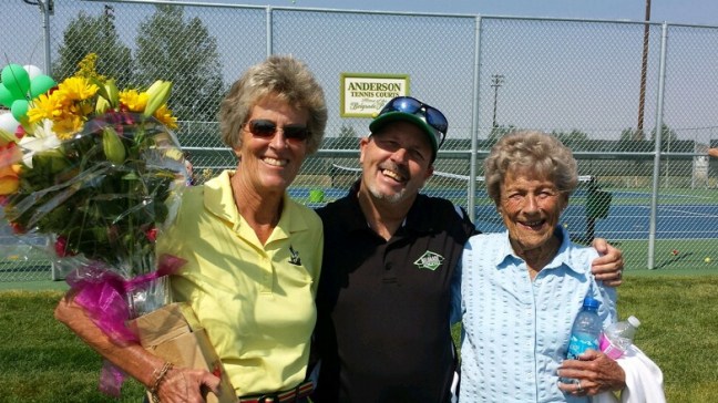 At the Belgrade Tennis Courts ribbon cutting ceremony. From right to left: Kimberley Walker, Rick Phillips (Belgrade Activities Director) and Marcia Anderson.